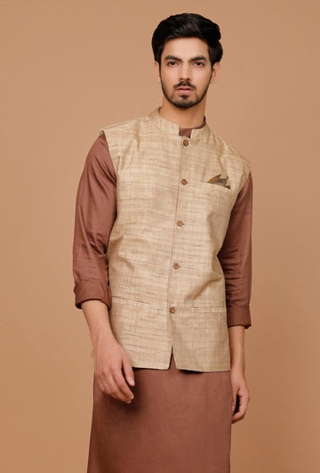 Tan Khaki Matka Silk Nehru Jacket